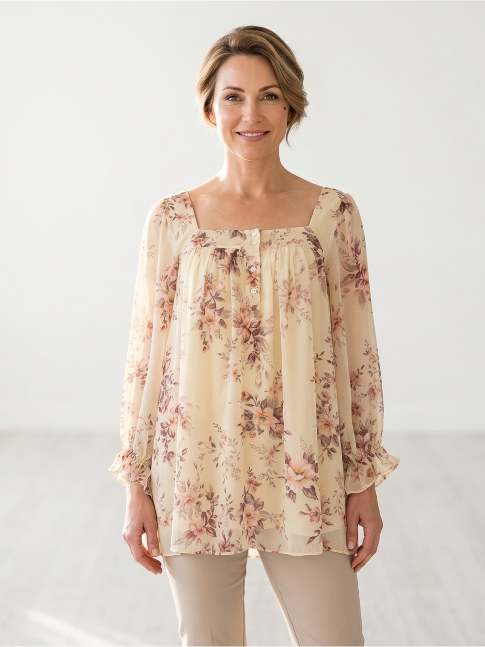 LC Lauren Conrad Cream Floral Square-Neck Babydoll Blouse
